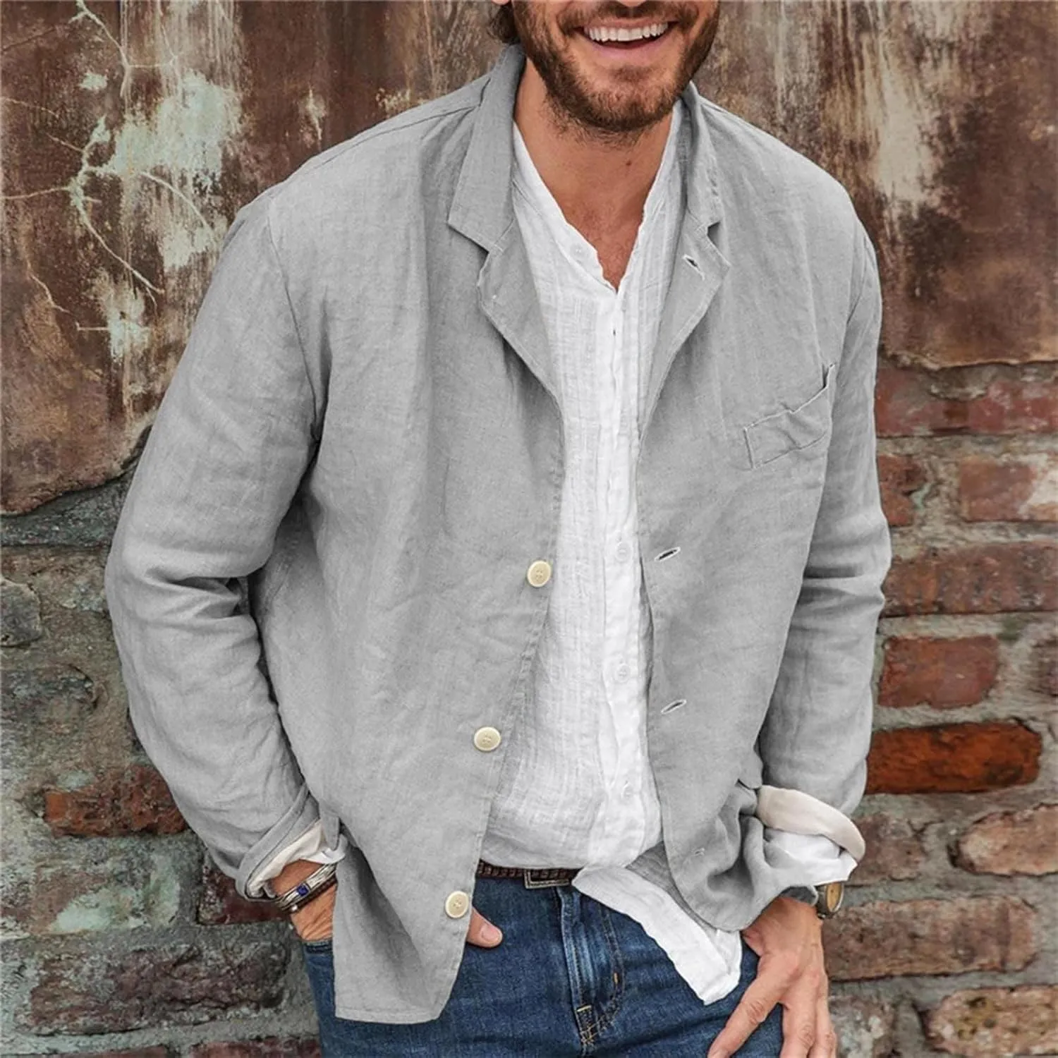 Men's Casual Shirt Jacket Cotton Linen Shacket Loose Fit Long Sleeve Button-Down Overshirt Soft Lightweight Work Coat