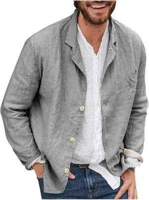 Men's Casual Shirt Jacket Cotton Linen Shacket Loose Fit Long Sleeve Button-Down Overshirt Soft Lightweight Work Coat