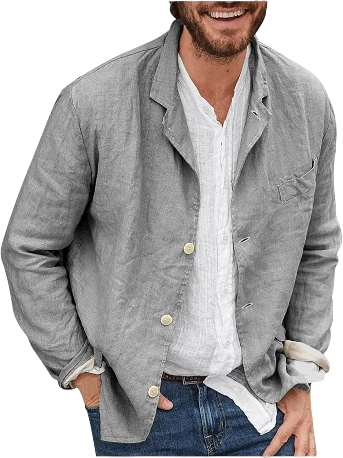 Men's Casual Shirt Jacket Cotton Linen Shacket Loose Fit Long Sleeve Button-Down Overshirt Soft Lightweight Work Coat