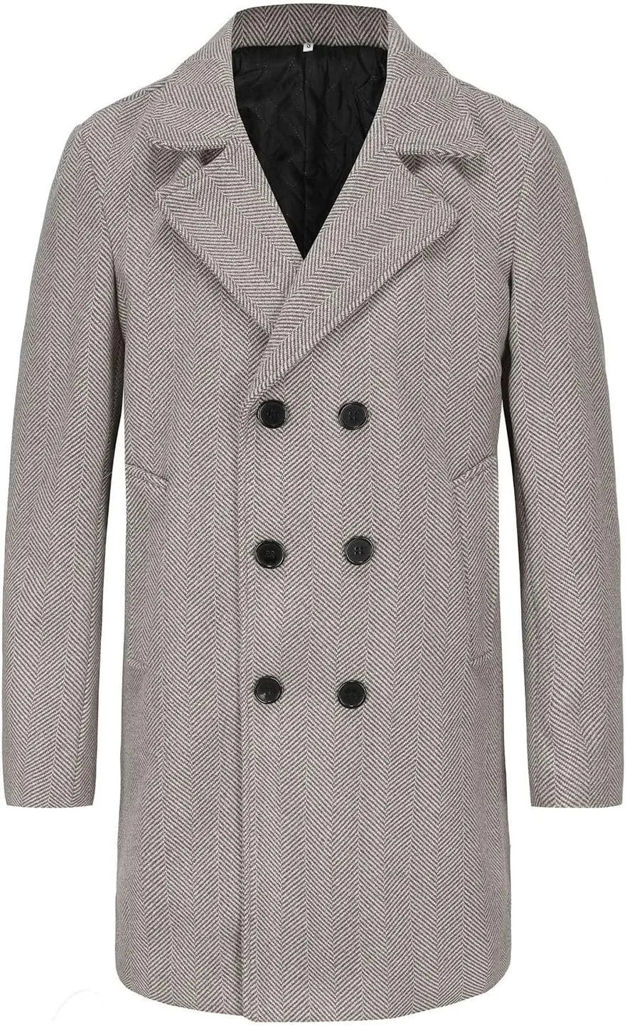 Men's Warm Single Breasted Pea Coat Trench Classic Wool Blend Overcoat with Pockets
