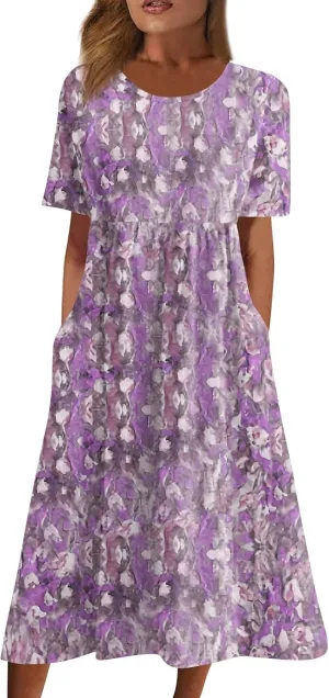 Midi Dresses for Women,Casual Plus Size Elegant Vintage Floral Smocked Flowy Trendy Short Sleeve Summer Fall Dress