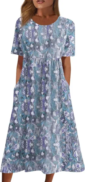 Midi Dresses for Women,Casual Plus Size Elegant Vintage Floral Smocked Flowy Trendy Short Sleeve Summer Fall Dress