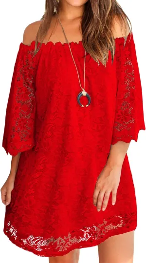 MIHOLL Women's Off Shoulder Lace Shift Loose Mini Dress
