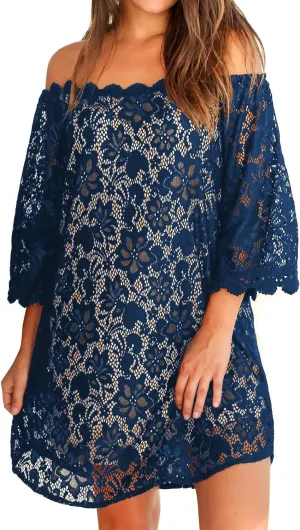 MIHOLL Women's Off Shoulder Lace Shift Loose Mini Dress
