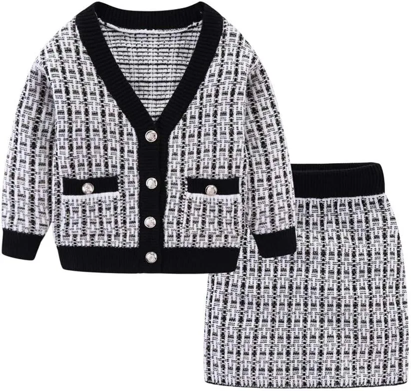 Mud Kingdom Cute Little Girls Ribbed Knit Cardigan Skirt Set School Style
