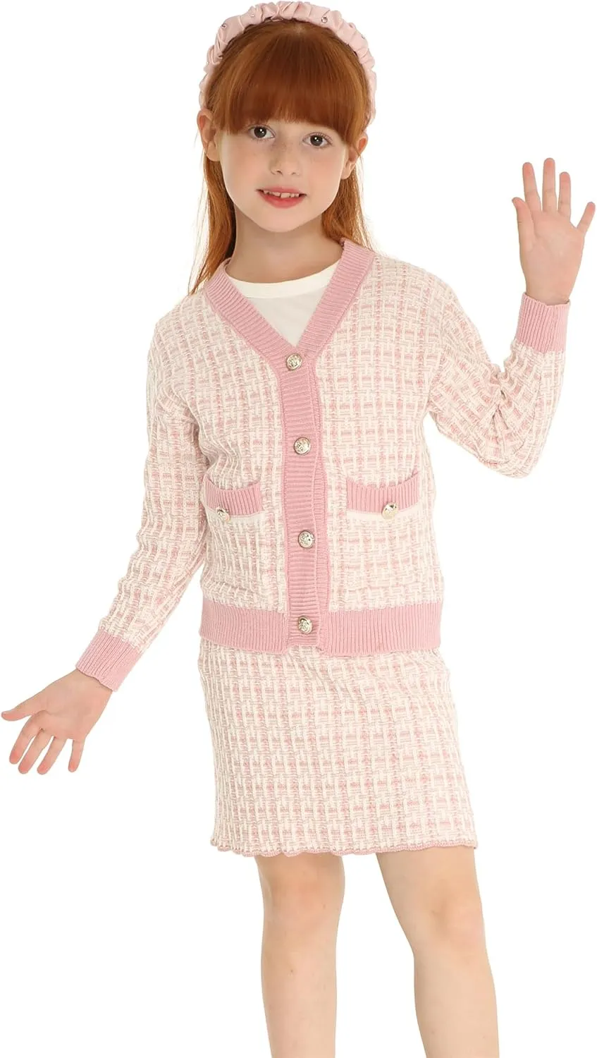 Mud Kingdom Cute Little Girls Ribbed Knit Cardigan Skirt Set School Style