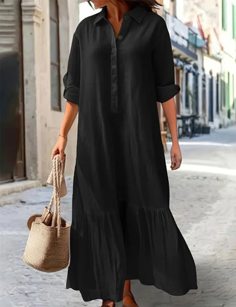 Mywinway Womens Linen Dresses Spring Summer V Neck Lapel Collar Long Sleeve Button Down Trendy Maxi Shirt Shift Dress