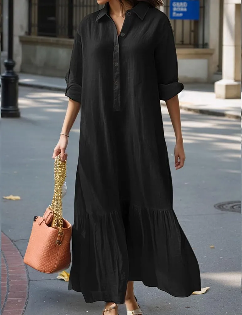 Mywinway Womens Linen Dresses Spring Summer V Neck Lapel Collar Long Sleeve Button Down Trendy Maxi Shirt Shift Dress