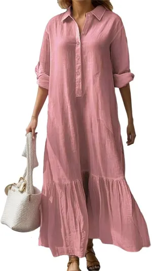 Mywinway Womens Linen Dresses Spring Summer V Neck Lapel Collar Long Sleeve Button Down Trendy Maxi Shirt Shift Dress