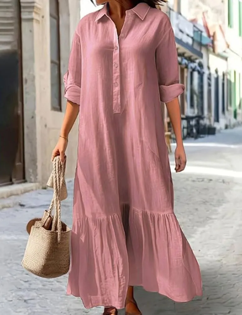 Mywinway Womens Linen Dresses Spring Summer V Neck Lapel Collar Long Sleeve Button Down Trendy Maxi Shirt Shift Dress