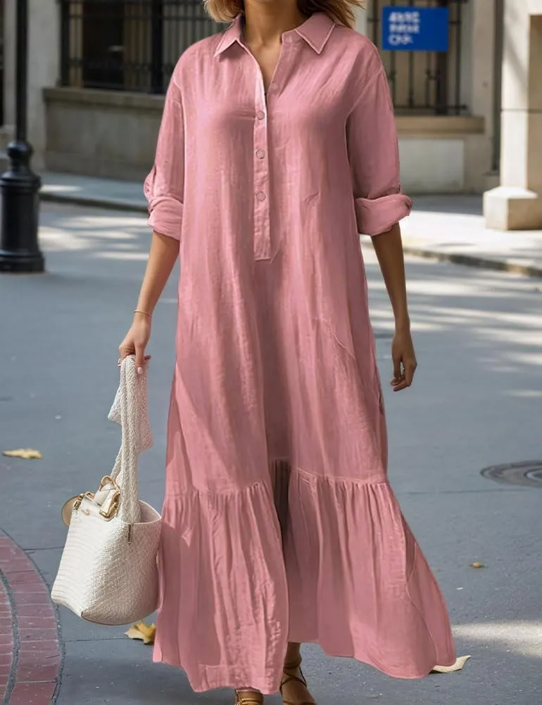 Mywinway Womens Linen Dresses Spring Summer V Neck Lapel Collar Long Sleeve Button Down Trendy Maxi Shirt Shift Dress