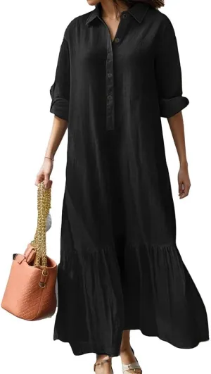 Mywinway Womens Linen Dresses Spring Summer V Neck Lapel Collar Long Sleeve Button Down Trendy Maxi Shirt Shift Dress