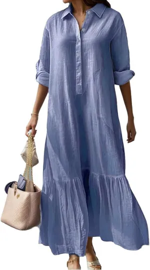 Mywinway Womens Linen Dresses Spring Summer V Neck Lapel Collar Long Sleeve Button Down Trendy Maxi Shirt Shift Dress