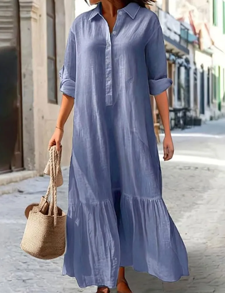 Mywinway Womens Linen Dresses Spring Summer V Neck Lapel Collar Long Sleeve Button Down Trendy Maxi Shirt Shift Dress