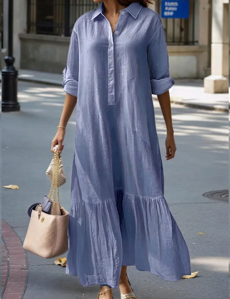 Mywinway Womens Linen Dresses Spring Summer V Neck Lapel Collar Long Sleeve Button Down Trendy Maxi Shirt Shift Dress