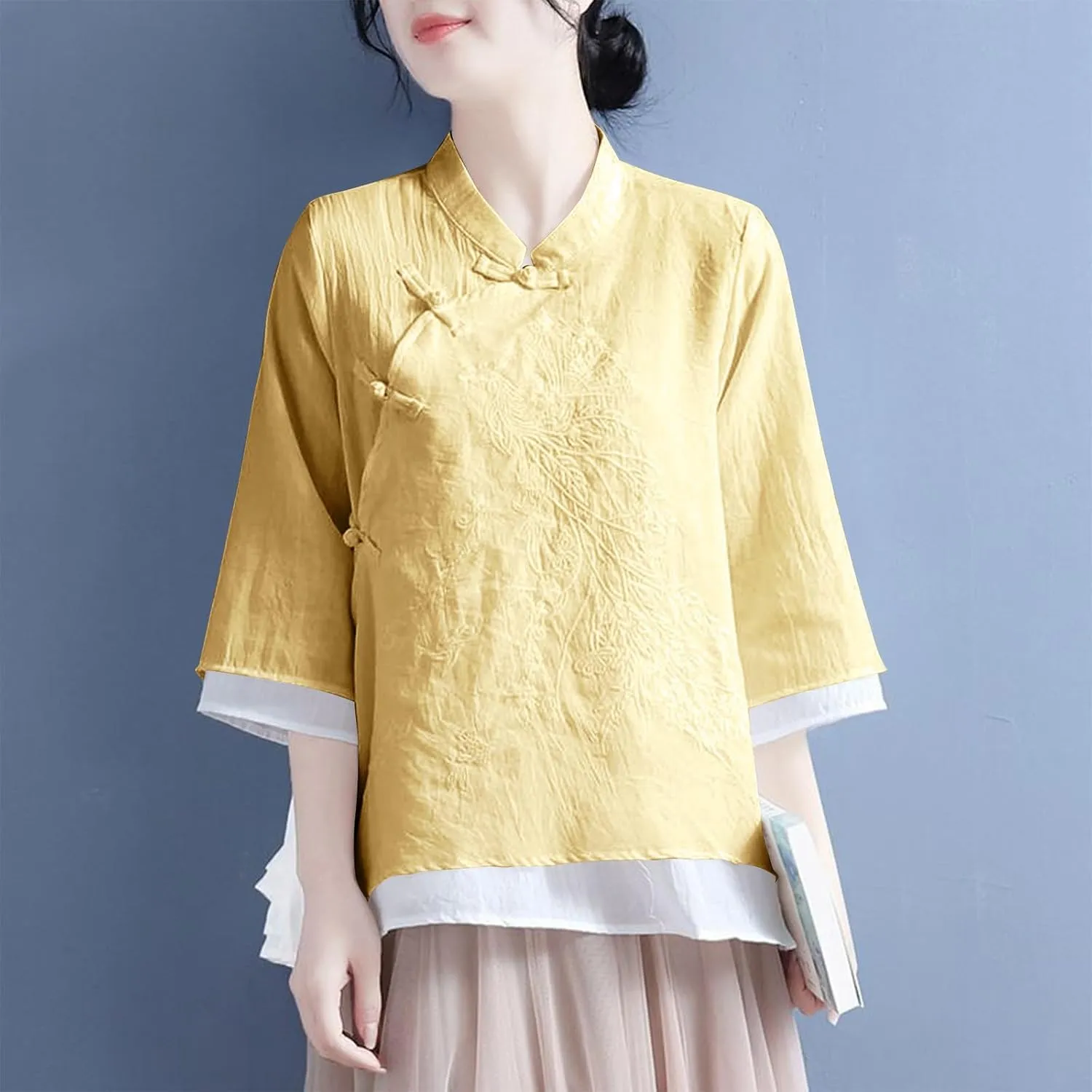 Mzkdieey Women's Cotton Linen Retro Chinese Frog Button Blouse Mandarin Collar 19th Century School Girl Qipao Shirts Tops