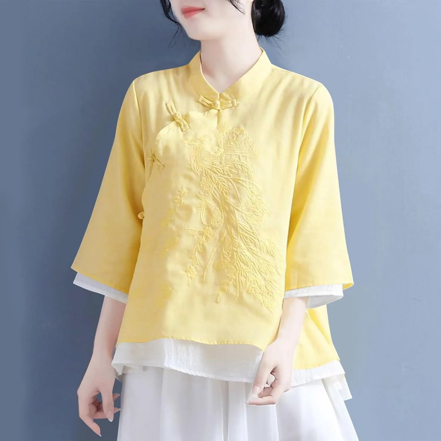 Mzkdieey Women's Cotton Linen Retro Chinese Frog Button Blouse Mandarin Collar 19th Century School Girl Qipao Shirts Tops