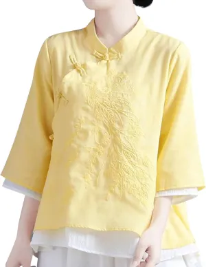 Mzkdieey Women's Cotton Linen Retro Chinese Frog Button Blouse Mandarin Collar 19th Century School Girl Qipao Shirts Tops