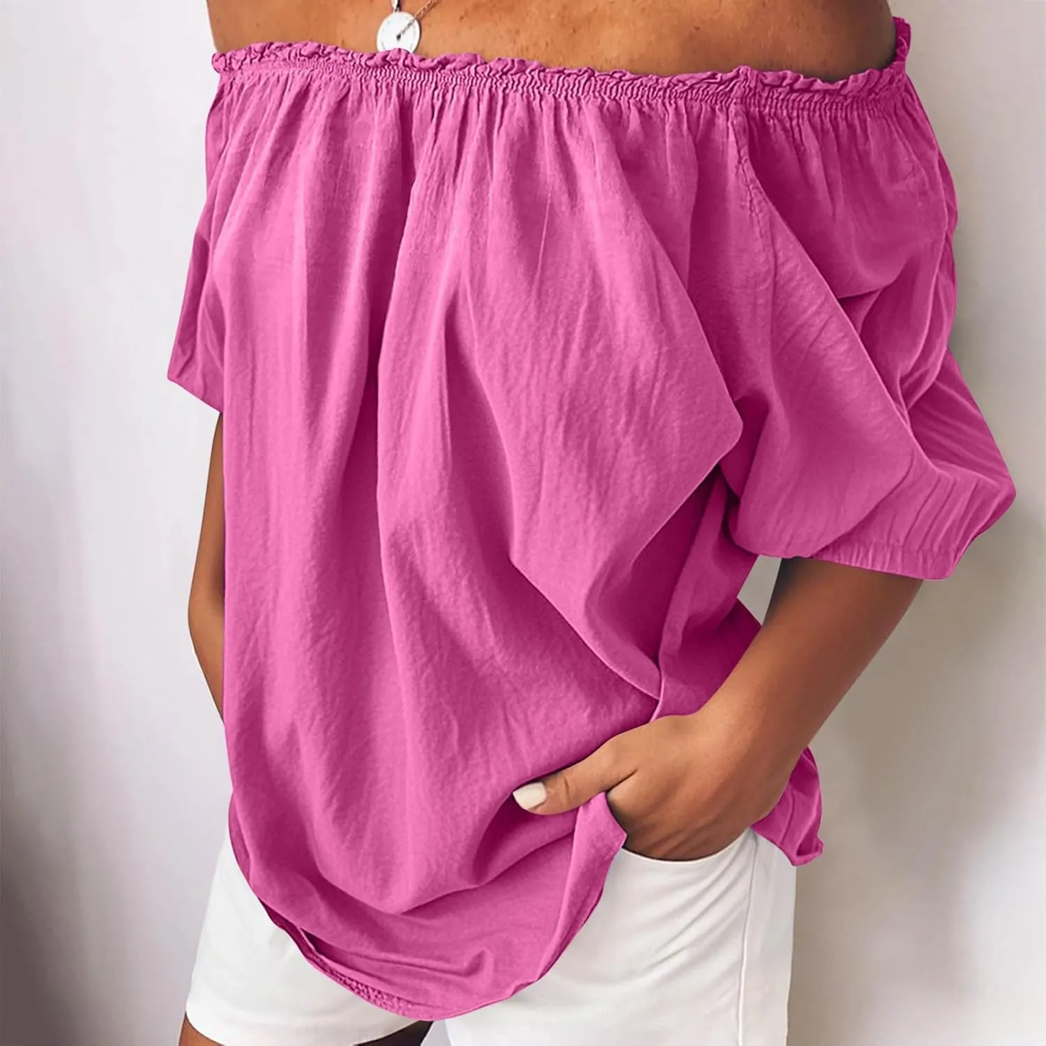 Off Shoulder Womens Linen Tops Trendy Shirred Neck Short Sleeve Shirts Summer Casual Beach Blouse Going Out Gauze Tees