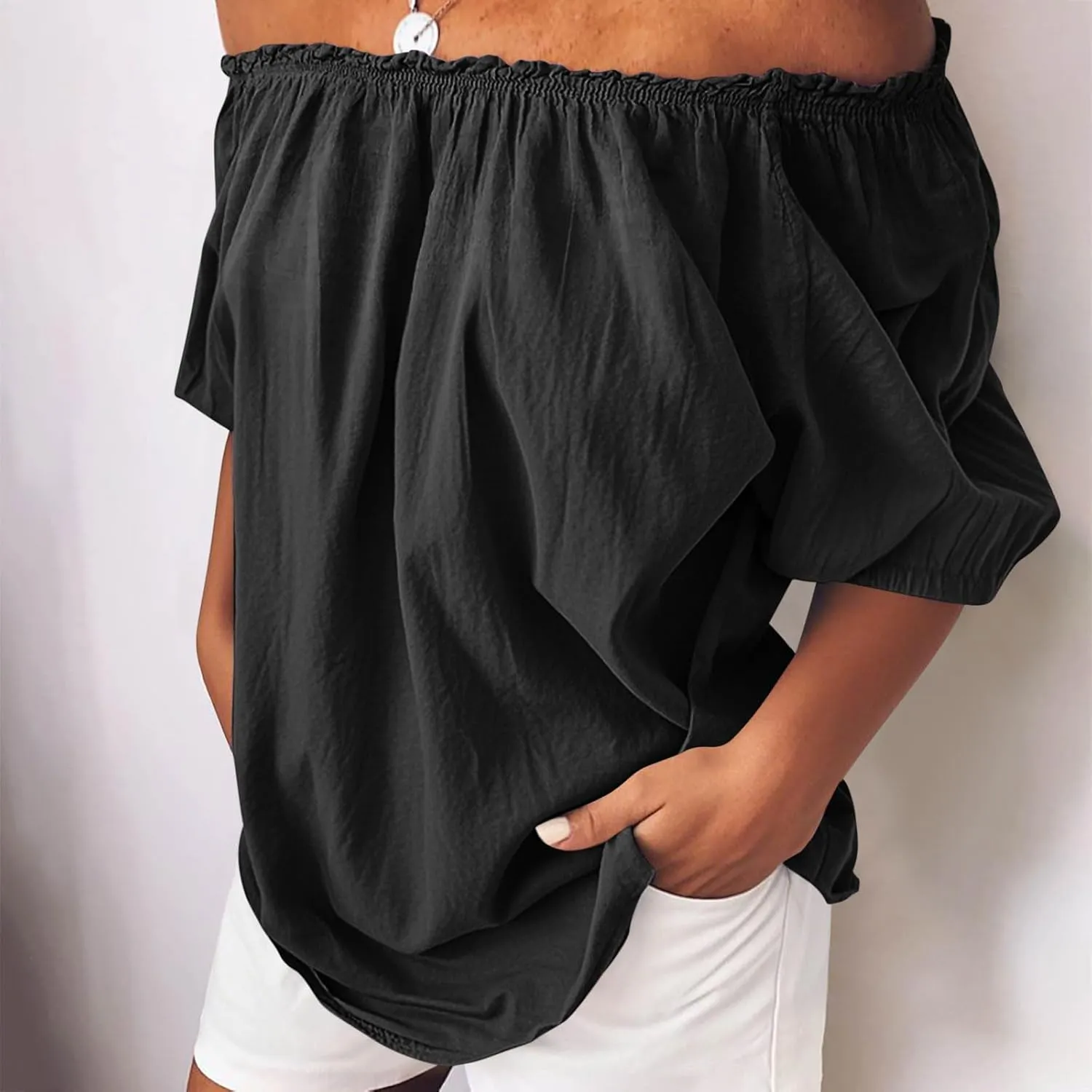 Off Shoulder Womens Linen Tops Trendy Shirred Neck Short Sleeve Shirts Summer Casual Beach Blouse Going Out Gauze Tees