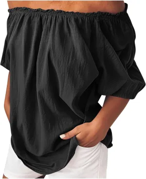 Off Shoulder Womens Linen Tops Trendy Shirred Neck Short Sleeve Shirts Summer Casual Beach Blouse Going Out Gauze Tees
