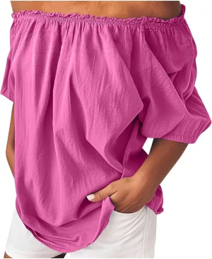 Off Shoulder Womens Linen Tops Trendy Shirred Neck Short Sleeve Shirts Summer Casual Beach Blouse Going Out Gauze Tees