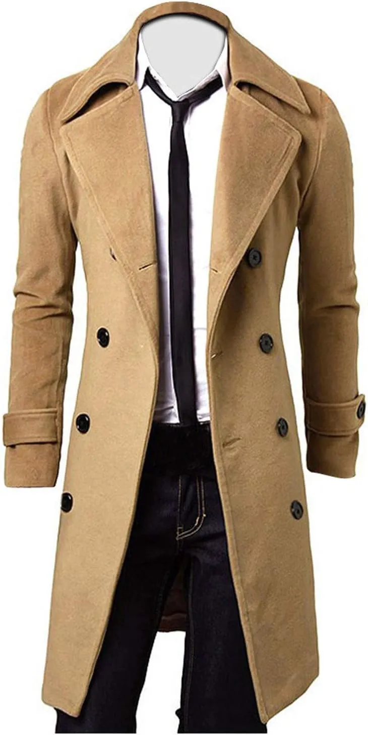 OIOLOYJM Trench Coat Men Double Breasted Pea Wool Coat Oversized Casual Windbreaker Long Jacket Overcoats Mens Winter Coats