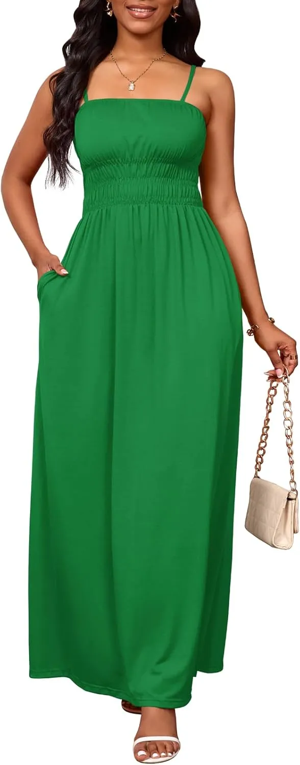 PerZeal Summer Dress Spaghetti Strap Casual Womens Fashion Sleeveless Beach Dress Pleat Long Tiered Maxi Dress