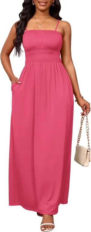 PerZeal Summer Dress Spaghetti Strap Casual Womens Fashion Sleeveless Beach Dress Pleat Long Tiered Maxi Dress