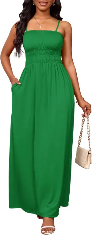 PerZeal Summer Dress Spaghetti Strap Casual Womens Fashion Sleeveless Beach Dress Pleat Long Tiered Maxi Dress