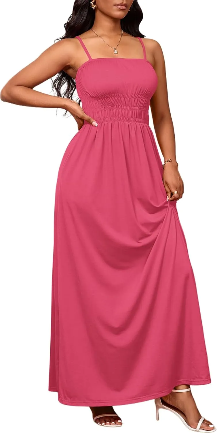 PerZeal Summer Dress Spaghetti Strap Casual Womens Fashion Sleeveless Beach Dress Pleat Long Tiered Maxi Dress