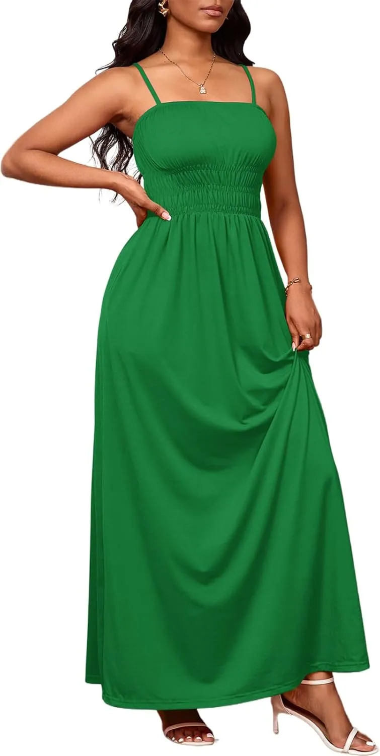 PerZeal Summer Dress Spaghetti Strap Casual Womens Fashion Sleeveless Beach Dress Pleat Long Tiered Maxi Dress