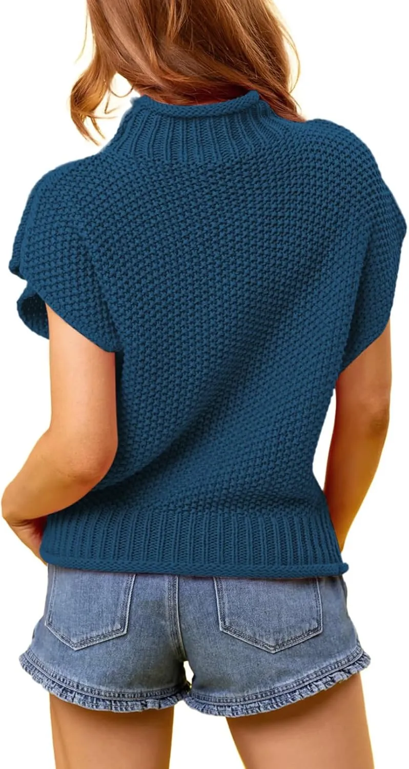 Pink Queen Women's 2025 Spring Mock Neck Sweater Vest Cap Sleeve Pullover Knit Tops
