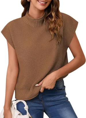 Pink Queen Women's 2025 Spring Mock Neck Sweater Vest Cap Sleeve Pullover Knit Tops