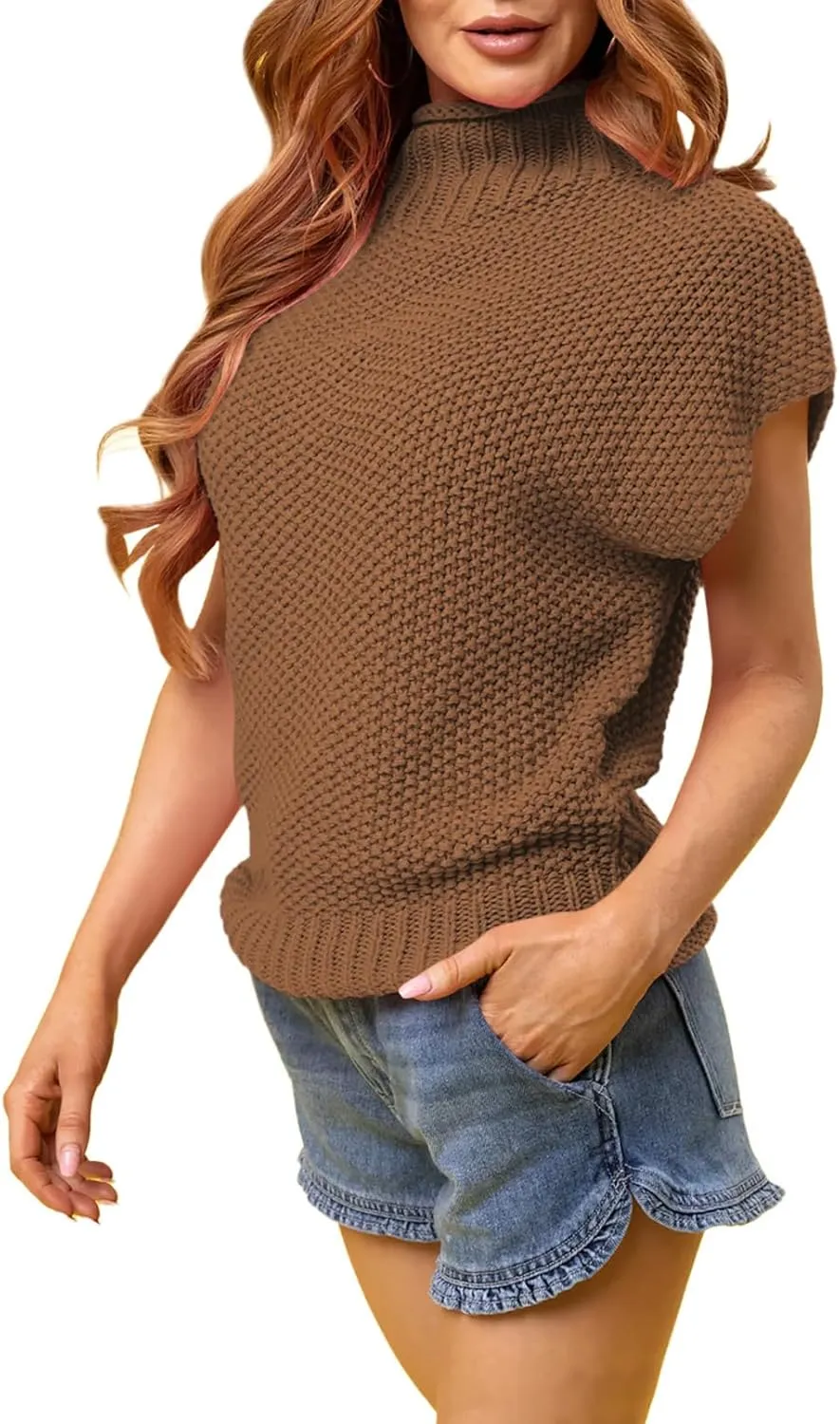 Pink Queen Women's 2025 Spring Mock Neck Sweater Vest Cap Sleeve Pullover Knit Tops