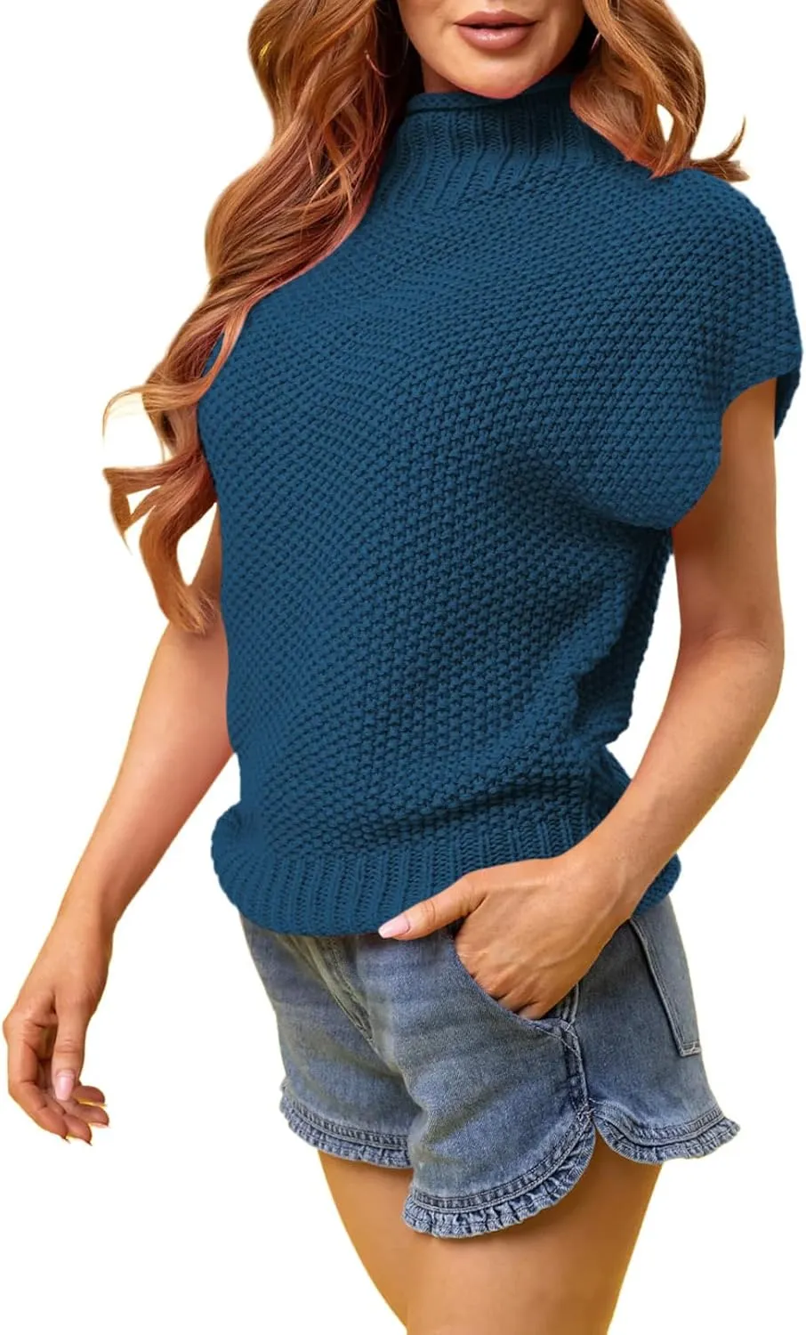 Pink Queen Women's 2025 Spring Mock Neck Sweater Vest Cap Sleeve Pullover Knit Tops