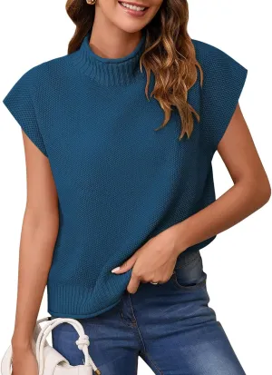 Pink Queen Women's 2025 Spring Mock Neck Sweater Vest Cap Sleeve Pullover Knit Tops