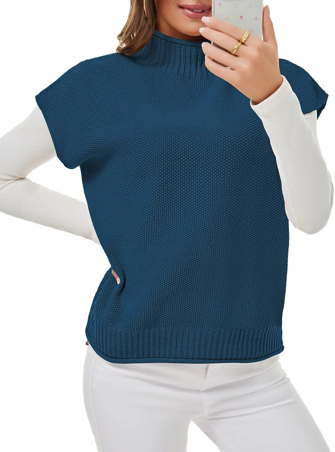 Pink Queen Women's 2025 Spring Mock Neck Sweater Vest Cap Sleeve Pullover Knit Tops