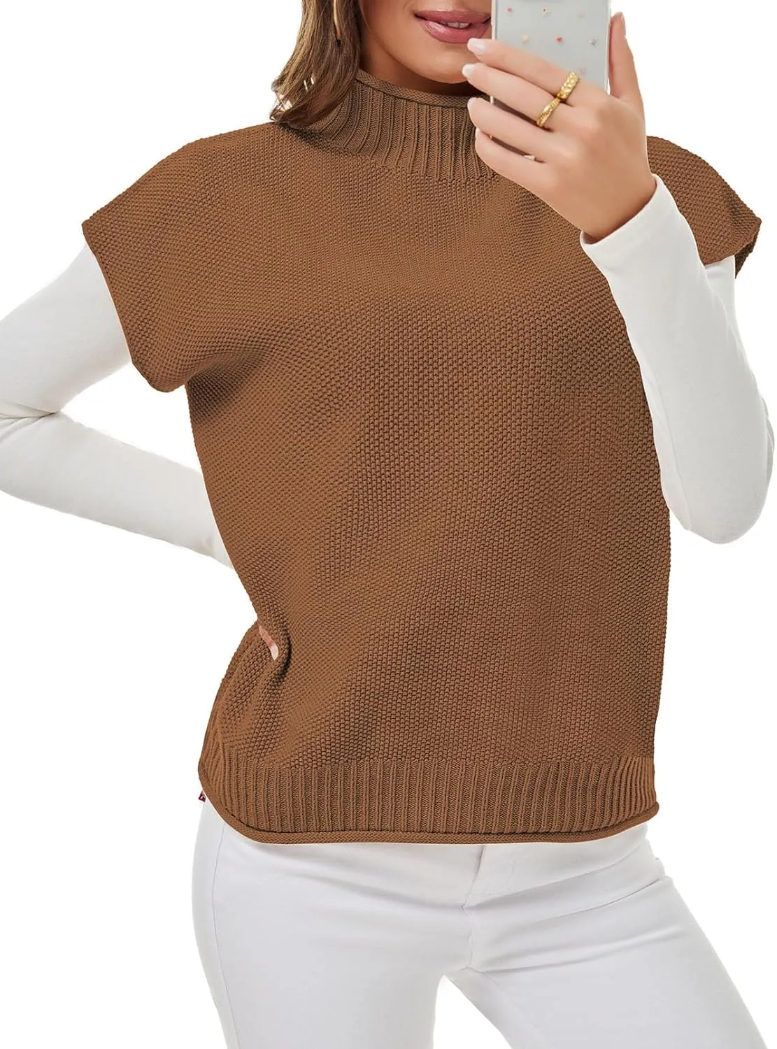 Pink Queen Women's 2025 Spring Mock Neck Sweater Vest Cap Sleeve Pullover Knit Tops