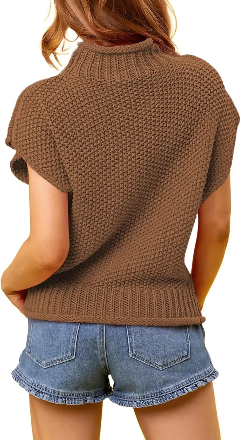 Pink Queen Women's 2025 Spring Mock Neck Sweater Vest Cap Sleeve Pullover Knit Tops