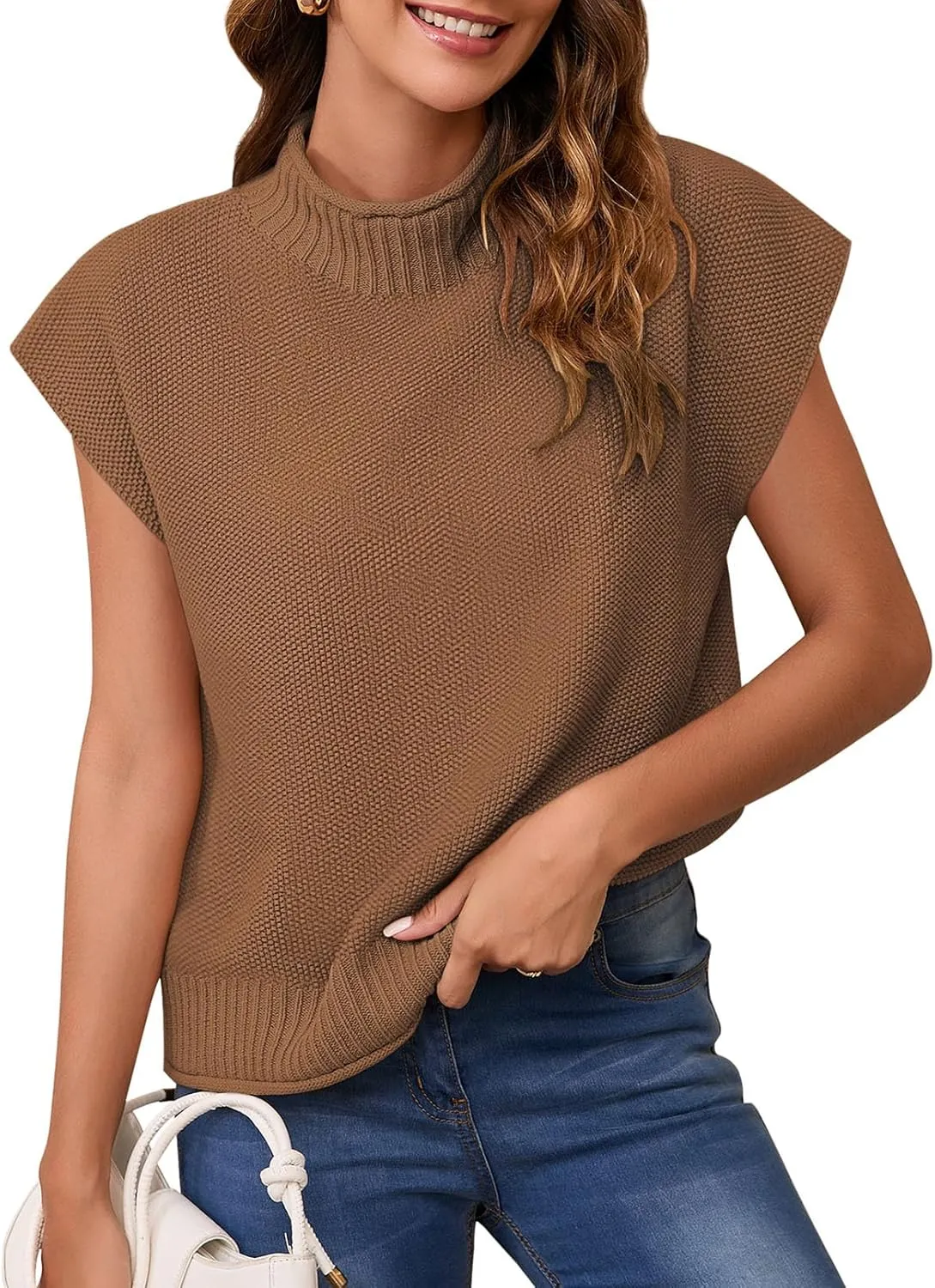 Pink Queen Women's 2025 Spring Mock Neck Sweater Vest Cap Sleeve Pullover Knit Tops