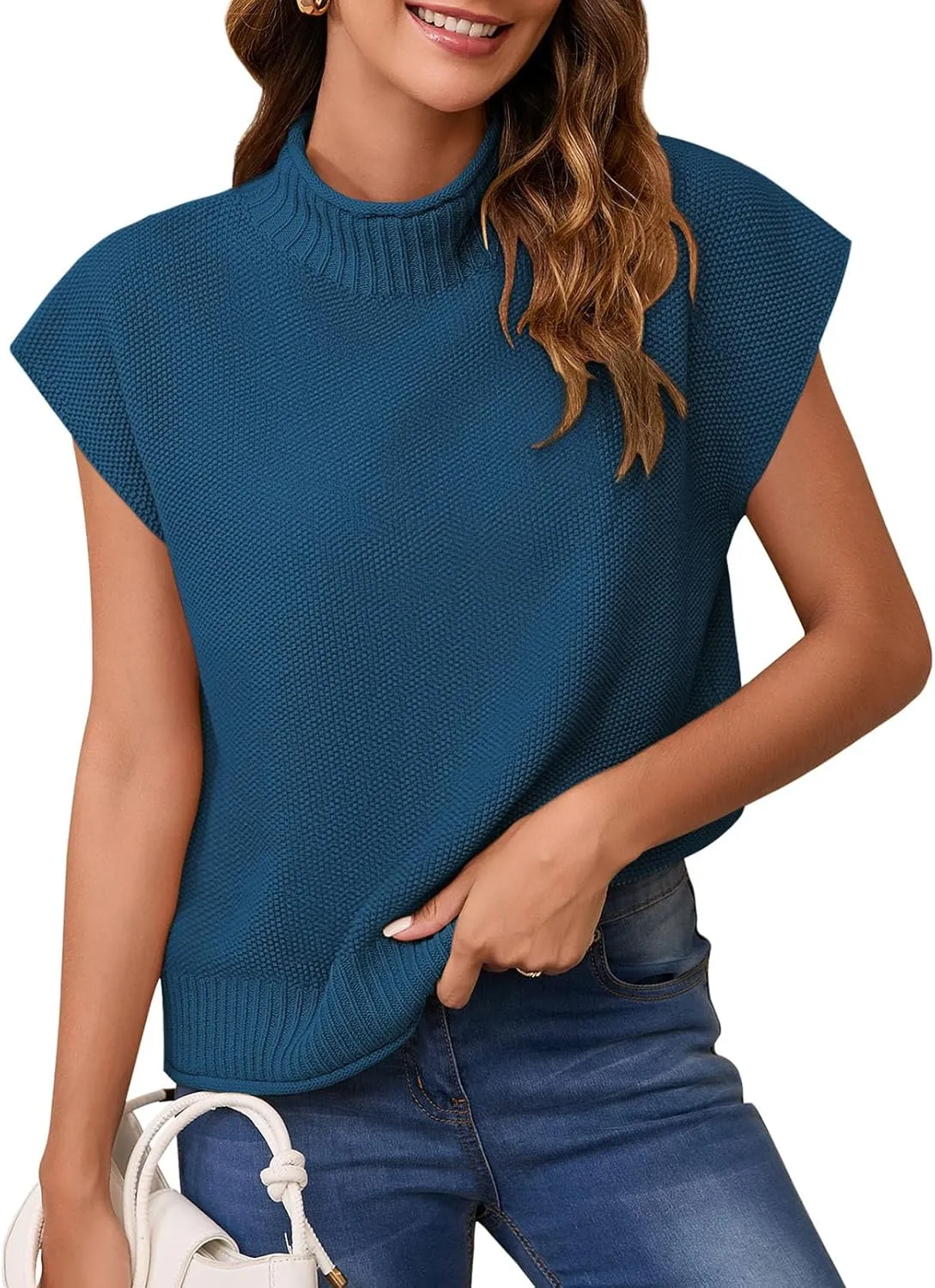 Pink Queen Women's 2025 Spring Mock Neck Sweater Vest Cap Sleeve Pullover Knit Tops