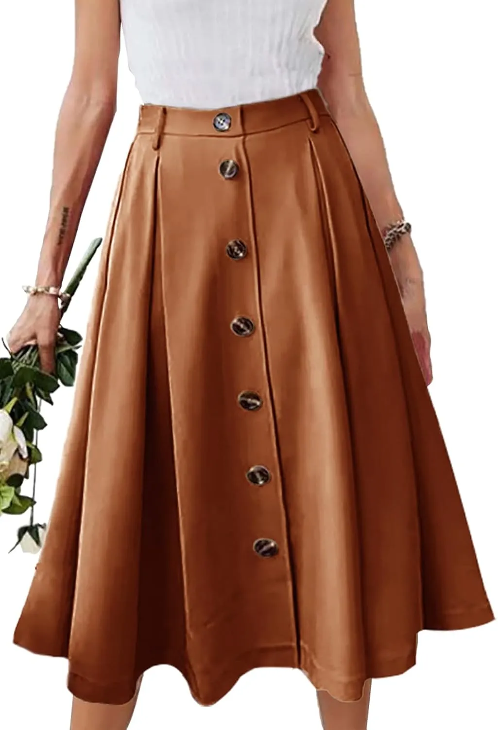 Pleated A-line Midi Skirt Elastic Waist Button Front Casual Flared Long Skirts with Pocket for Women