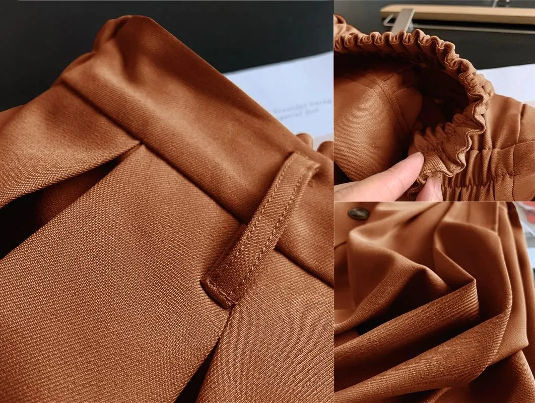 Pleated A-line Midi Skirt Elastic Waist Button Front Casual Flared Long Skirts with Pocket for Women