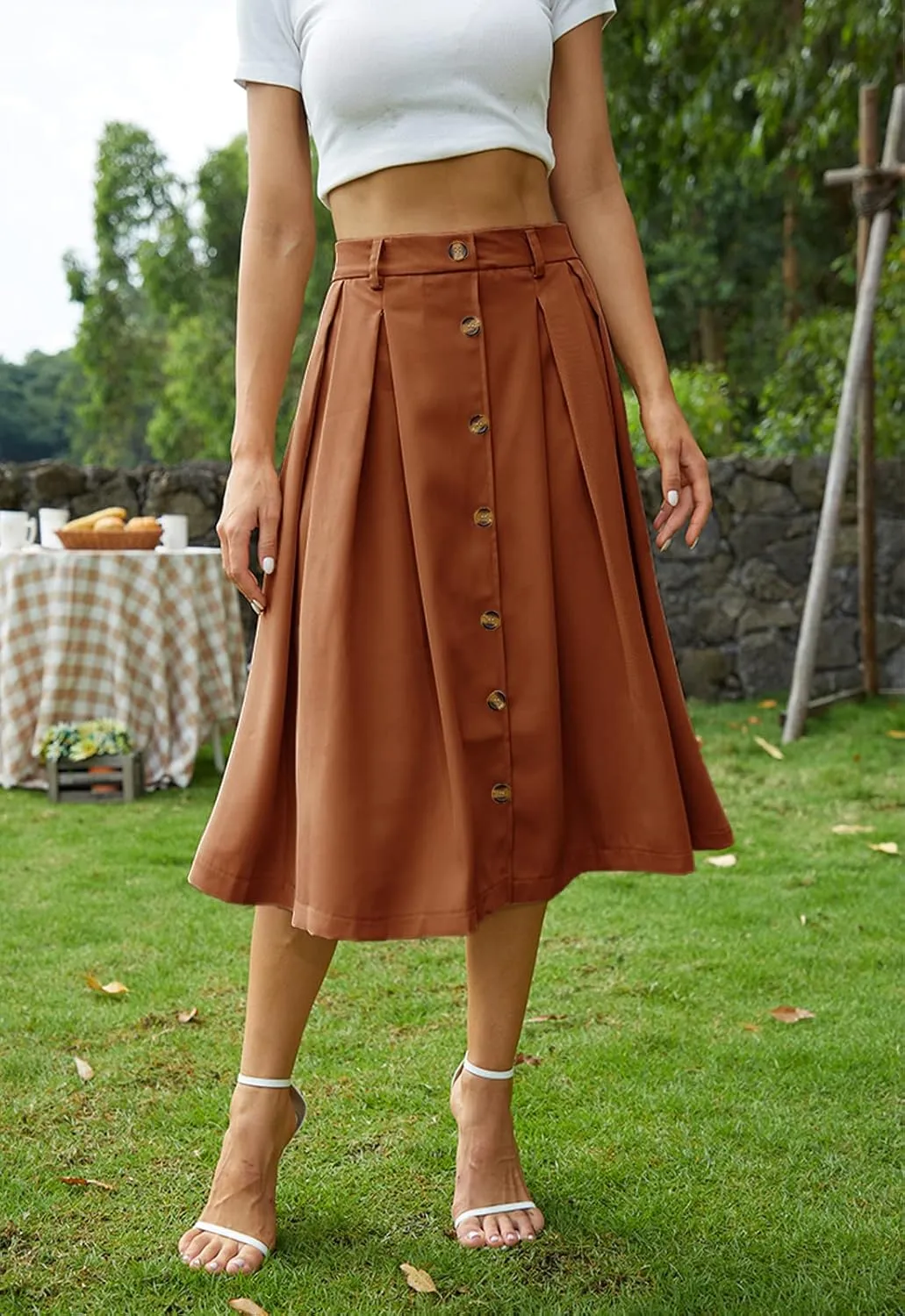 Pleated A-line Midi Skirt Elastic Waist Button Front Casual Flared Long Skirts with Pocket for Women