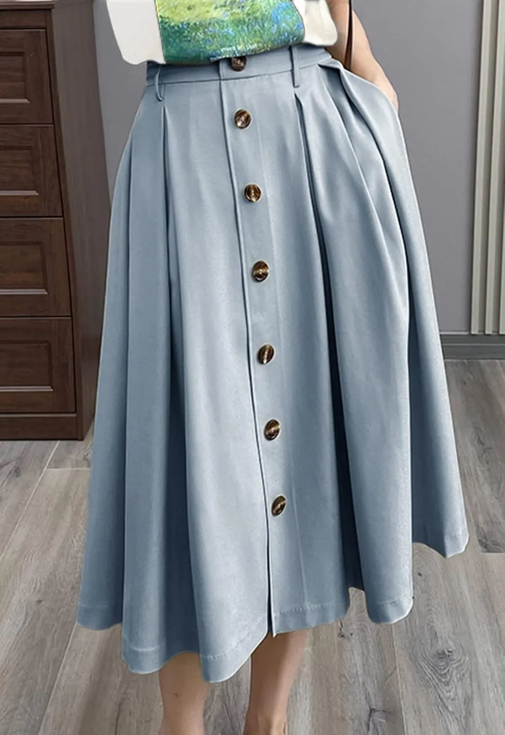 Pleated A-line Midi Skirt Elastic Waist Button Front Casual Flared Long Skirts with Pocket for Women