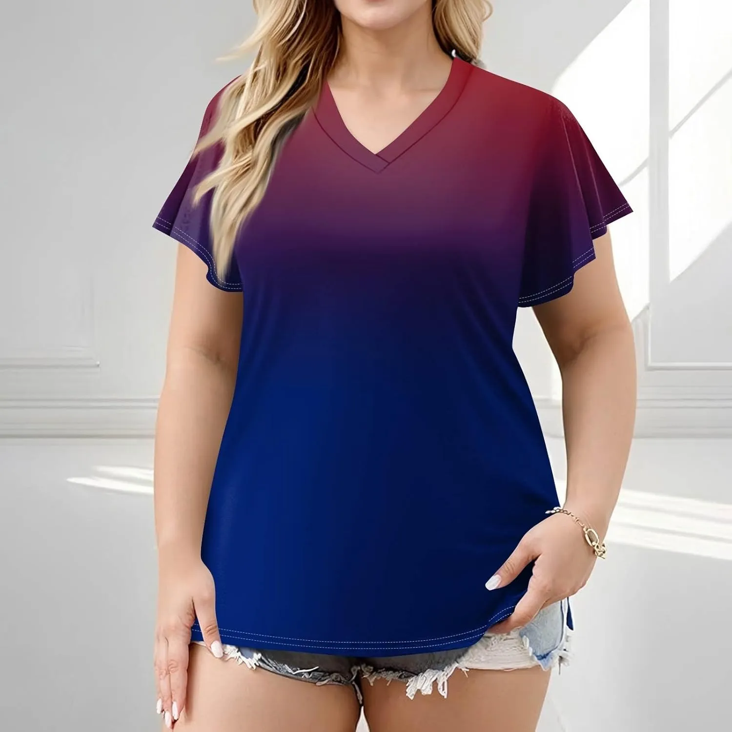 Plus Size Womens Shirts Casual Loose V Neck Short Sleeve Summer Tops Print Tee Boho Vacation Trendy Blouses 2025