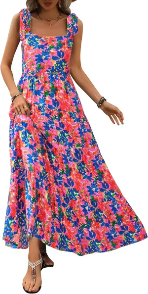 PRETTYGARDEN Women Dresses 2025 Summer Floral Sleeveless Maxi Dress Casual Spaghetti Strap Tiered Flowy Beach Long Dress