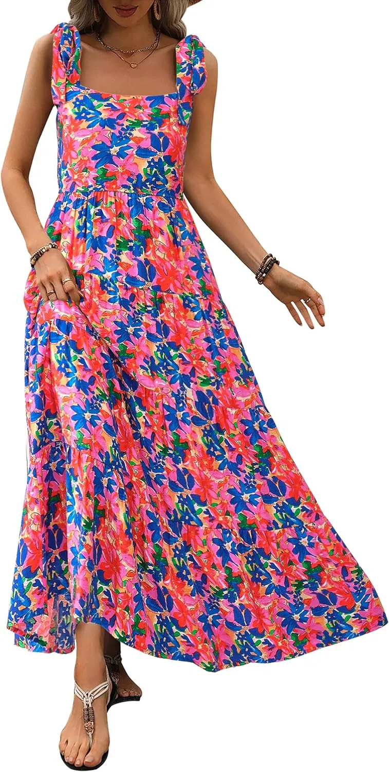PRETTYGARDEN Women Dresses 2025 Summer Floral Sleeveless Maxi Dress Casual Spaghetti Strap Tiered Flowy Beach Long Dress
