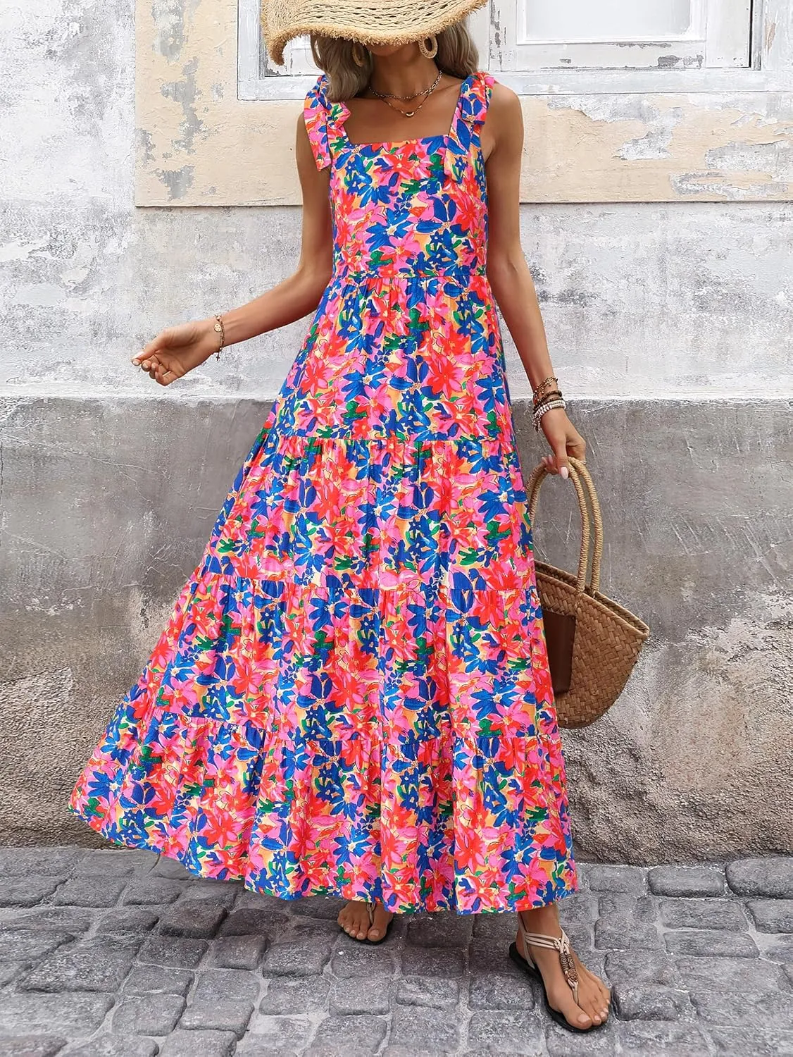 PRETTYGARDEN Women Dresses 2025 Summer Floral Sleeveless Maxi Dress Casual Spaghetti Strap Tiered Flowy Beach Long Dress